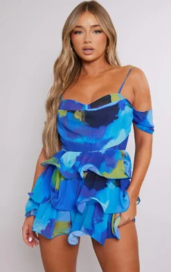 Blue Watercolour Print Chiffon Bardot Frill Detail Romper