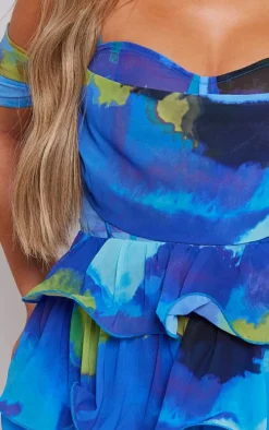 Blue Watercolour Print Chiffon Bardot Frill Detail Romper