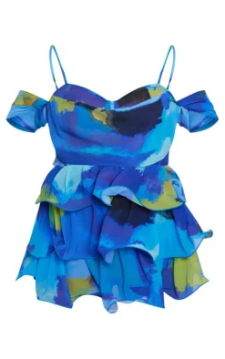 Blue Watercolour Print Chiffon Bardot Frill Detail Romper