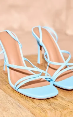 Blue Wide Fit PU Square Toe Strappy Lace Up Heeled Sandals