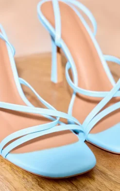 Blue Wide Fit PU Square Toe Strappy Lace Up Heeled Sandals