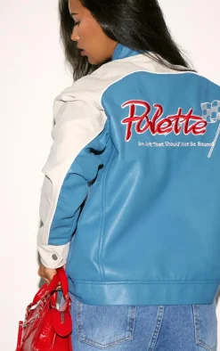 Blue Worn Faux Leather Contrast Panel Oversized Jacket