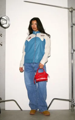 Blue Worn Faux Leather Contrast Panel Oversized Jacket