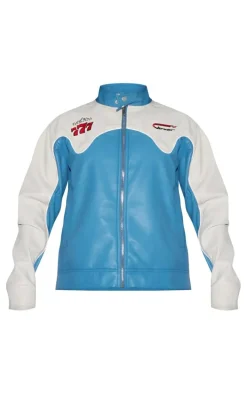 Blue Worn Faux Leather Contrast Panel Oversized Jacket