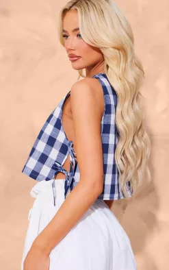 Blue Woven Check Tie Side Cropped Top