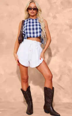 Blue Woven Check Tie Side Cropped Top