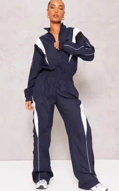 Blue Woven Contrast Popper Cuff Wide Leg Jumpsuit