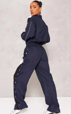 Blue Woven Contrast Popper Cuff Wide Leg Jumpsuit