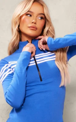 Blue Zip Up Contrast Stripe Bodycon Dress
