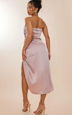 Blush Satin Bandeau Ruched Detail Midiaxi Dress