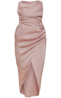 Blush Satin Bandeau Ruched Detail Midiaxi Dress