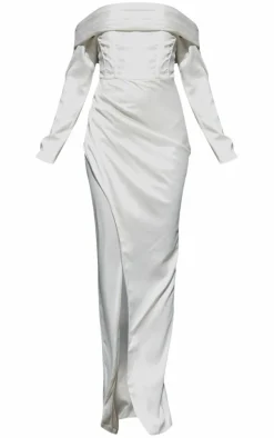 BRIDAL White Long Sleeve Bardot Split Maxi Dress