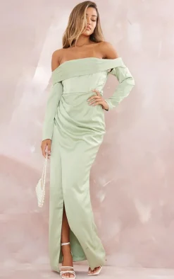 Bridesmaid Sage Green Long Sleeve Bardot Split Maxi Dress