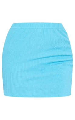 Bright Blue Crinkle Rib High Waist Basic Mini Skirt