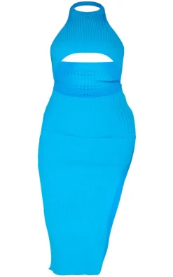 Bright Blue Halter Neck Front Cut Our Rib Knit Maxi Dress