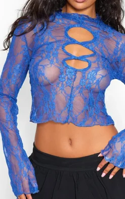 Bright Blue Lace Cut Out Long Sleeve Crop Top