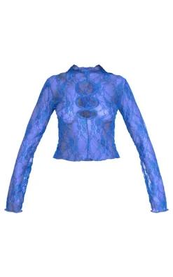 Bright Blue Lace Cut Out Long Sleeve Crop Top