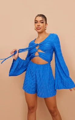 Bright Blue Textured Flare Sleeve Lace Up Romper