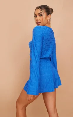 Bright Blue Textured Flare Sleeve Lace Up Romper