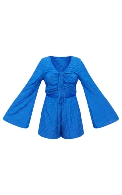 Bright Blue Textured Flare Sleeve Lace Up Romper