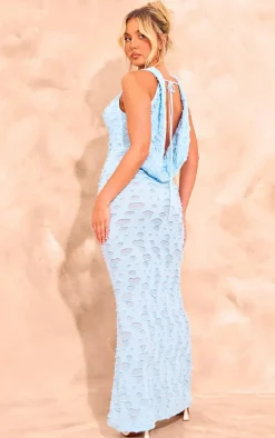 Bright Blue Woven Textured Cowl Neck Maxi Dress