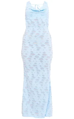 Bright Blue Woven Textured Cowl Neck Maxi Dress