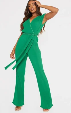 Bright Green Pleated Shoulder Pad Flared Leg Jumpsuit
