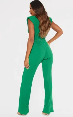 Bright Green Pleated Shoulder Pad Flared Leg Jumpsuit