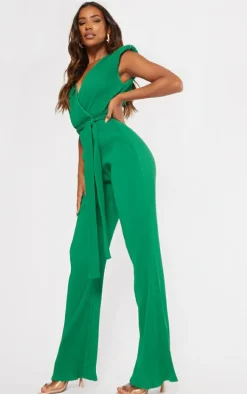 Bright Green Pleated Shoulder Pad Flared Leg Jumpsuit