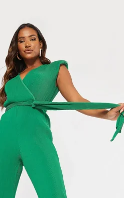 Bright Green Pleated Shoulder Pad Flared Leg Jumpsuit