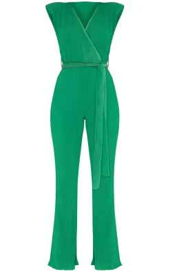Bright Green Pleated Shoulder Pad Flared Leg Jumpsuit