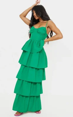 Bright Green Cup Detail Strappy Tiered Maxi Dress