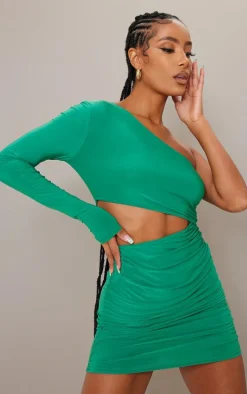 Bright Green Slinky One Shoulder Waist Cut Out Ruched Bodycon Dress