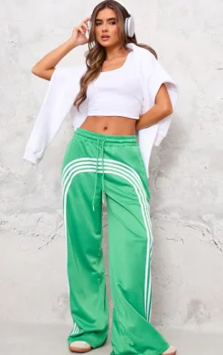 Bright Green Stripe Detail Wide Leg Tricot Track Pants