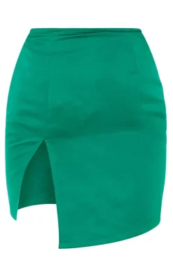Bright Green Tailored Satin Asymmetric Split Front Mini Skirt