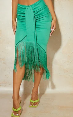 Bright Green Tassel Hem Midi Skirt