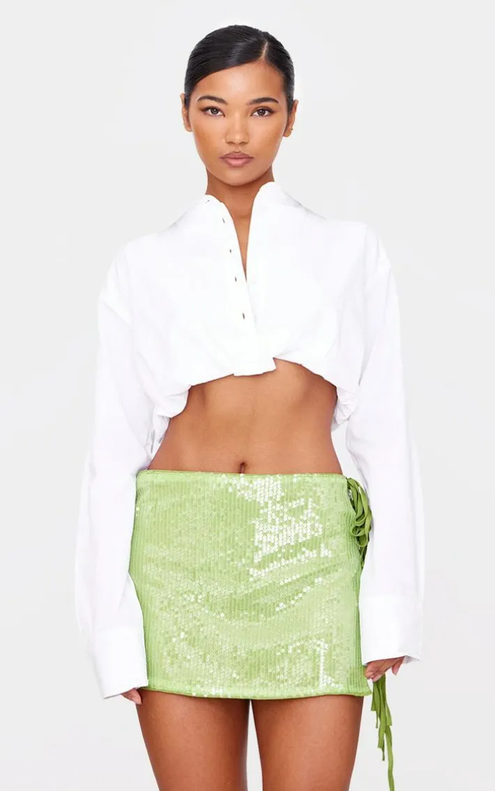 Bright Green Tie Side Detail Sequin Mini Skirt