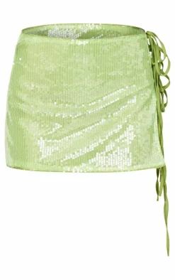 Bright Green Tie Side Detail Sequin Mini Skirt