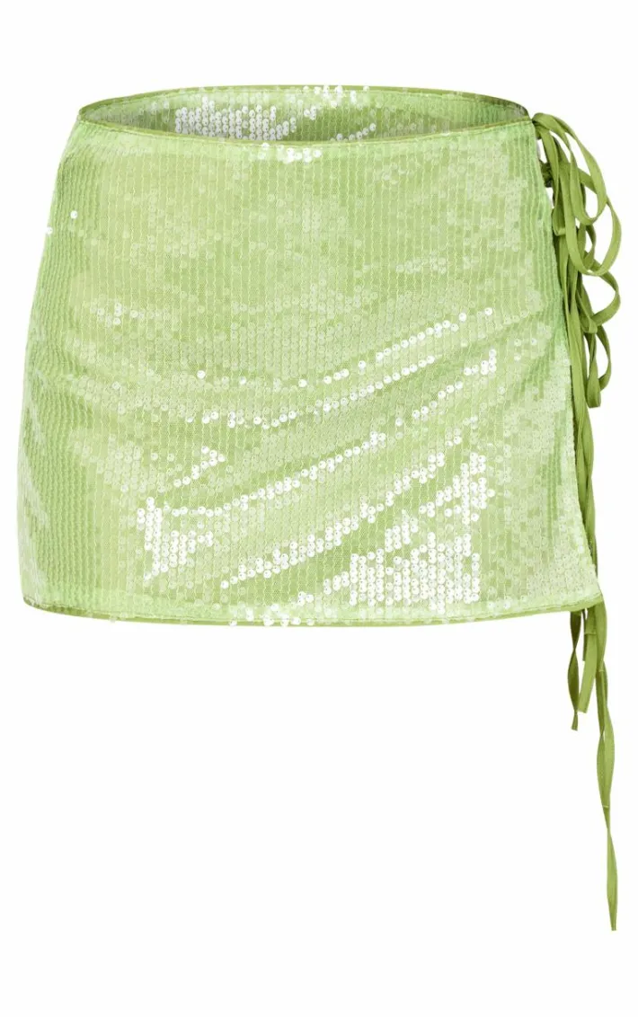 Bright Green Tie Side Detail Sequin Mini Skirt