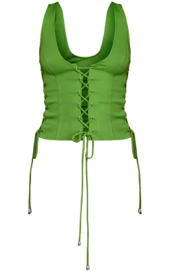 Bright Green Woven Lace Up Detail Plunge Sleeveless Top