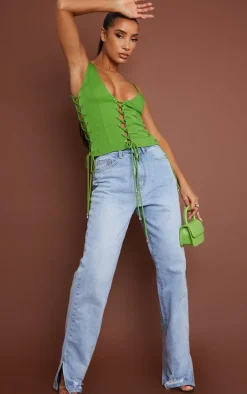 Bright Green Woven Lace Up Detail Plunge Sleeveless Top