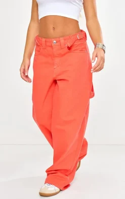 Bright Orange Adjustable Detail Wide Leg Denim Jeans