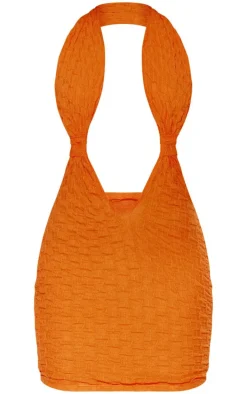 Bright Orange Bubble Texture Halterneck Plunge Bodycon Dress