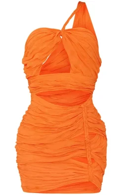 Bright Orange Chiffon Cut Out Plait Detail One Shoulder Bodycon Dress