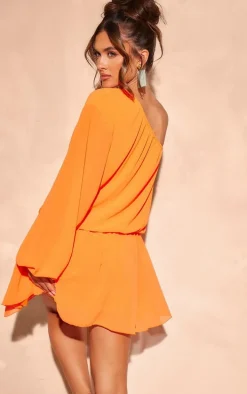 Bright Orange Chiffon One Shoulder Shift Dress