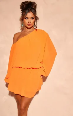 Bright Orange Chiffon One Shoulder Shift Dress