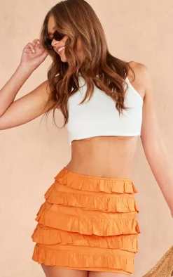 Bright Orange Cotton Poplin Multi Tiered Mini Skirt