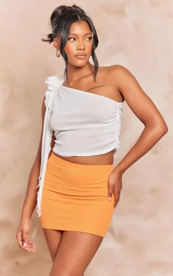 Bright Orange Crinkle Rib High Waist Basic Mini Skirt