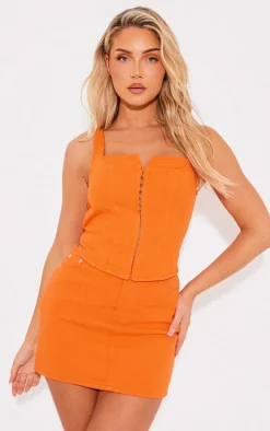 Bright Orange Denim Contrast Stitch Corset Top