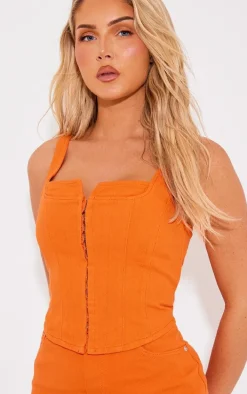 Bright Orange Denim Contrast Stitch Corset Top